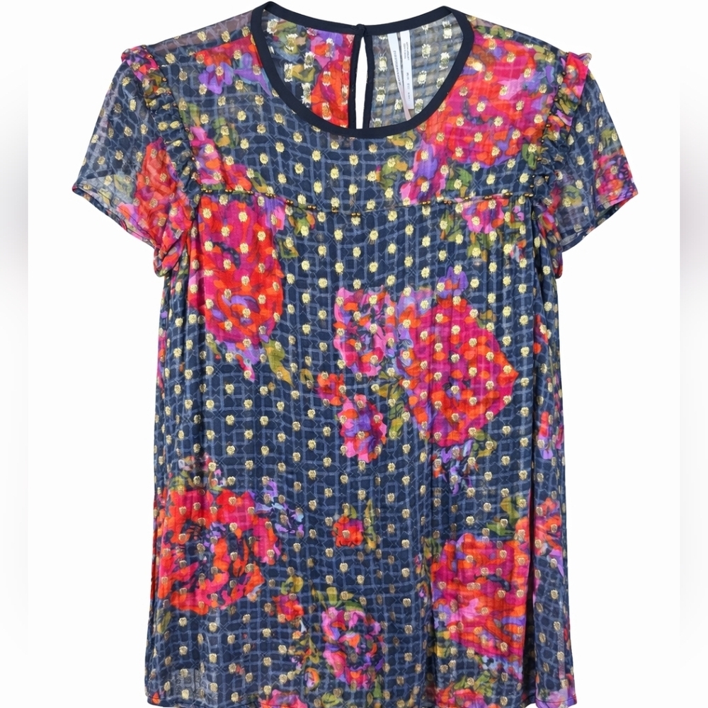 Anthropologie Floral Sheer Sleeves Blouse Top Gold Dot Ruffle Sleeve Sz 2